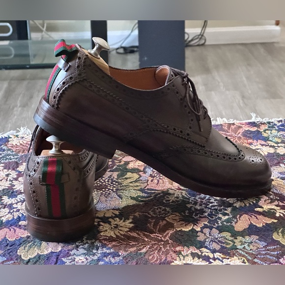Gucci Signature Stripe Wingtip Brown Leather Men’s Brogue Oxfords Size 11 US 12 - Picture 10 of 15